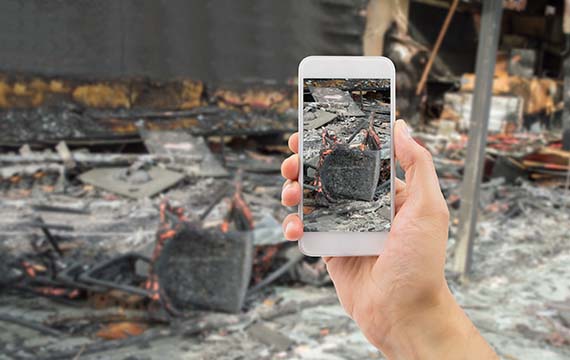 cell phone image of burned building